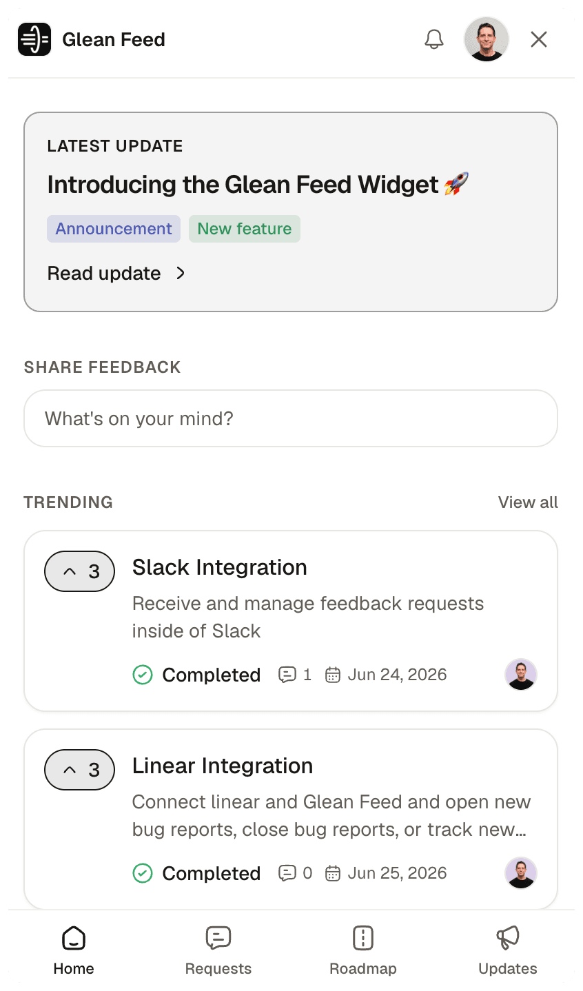 The Glean Feed widget — a latest-update card, a share-feedback box, and trending requests.