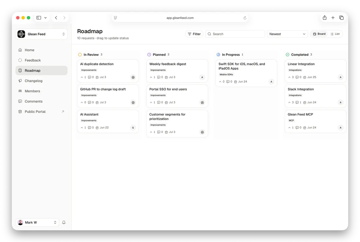 The Glean Feed roadmap board — requests moving through In Review, Planned, In Progress, and Completed.